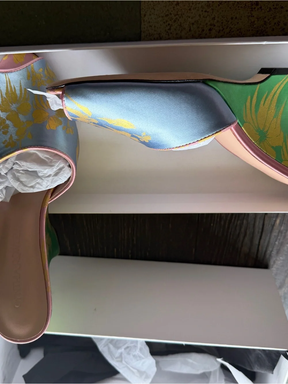 Cynthia Rowley Blue and Yellow Floral Satin Wedge Mules with Pink Trim